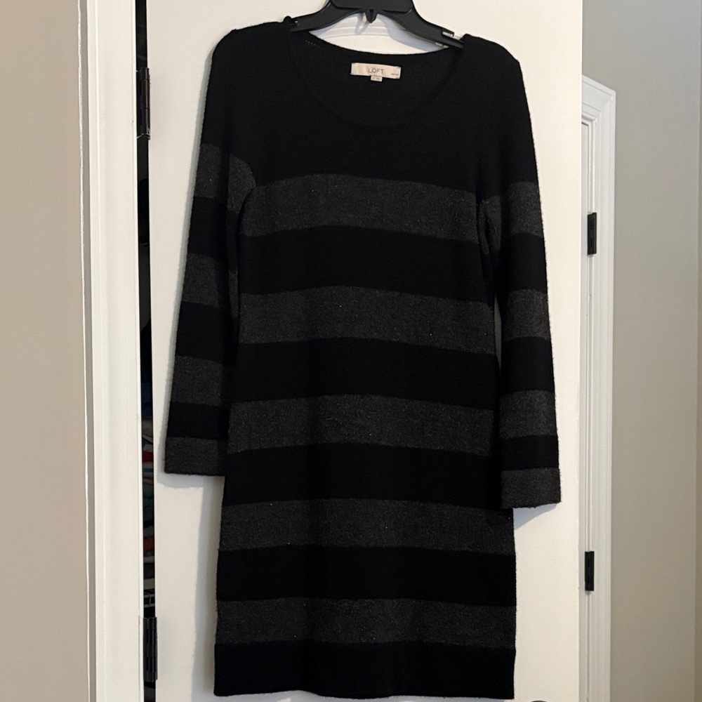 LOFT Striped Black and Gray Long Sleeve Dress